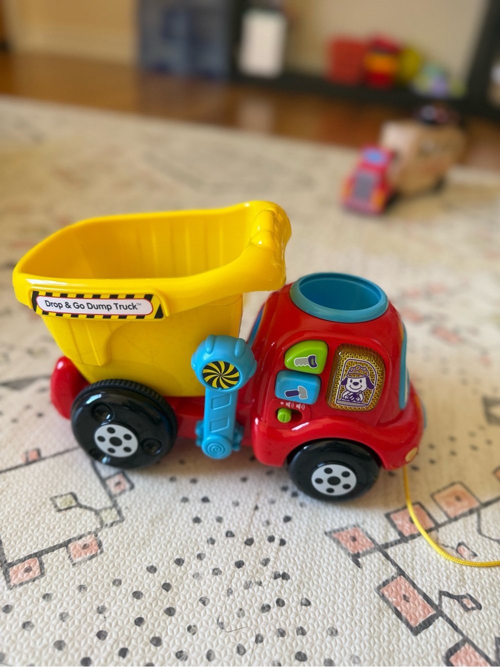 Bright Yellow & Red Pull-Along Dump Truck Toy for Early Learning